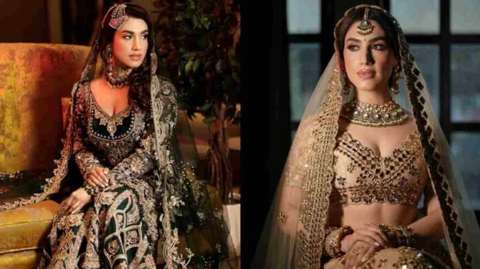 Delbar Arya bridal, Indian bridal fashion, Timeless bridal elegance, Traditional Indian craftsmanship, Bridal lehenga, Bridal sharara, Indian wedding outfits, Zari work, Hand embroidery, Mirror work , Heirloom jewelry, Mathapatti, Choker necklace, Indian couture, Celebrity bridal style, Delbar Arya fashion, Punjabi actress bridal look, Madhaniya movie, Jadon Da Mobile Aagya movie, Indian heritage fashion, Modern muse bridal fashion,