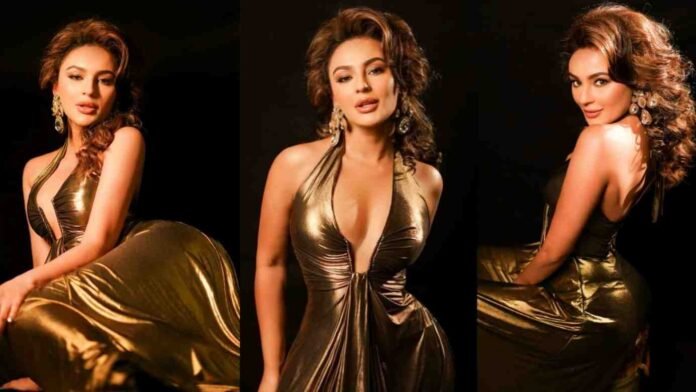 22 Seerat Kapoor, Golden Dress, Fashion Steal, Halter Neckline, House of Pink, Celeb Style, Party Wear, Deep Plunging Neck, Affordable Fashion